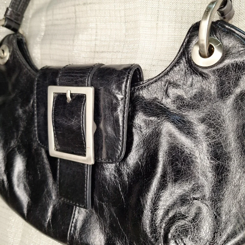 Kenneth Cole New York Black Leather Med Small Hobo Buckle Accent Handbag Purse